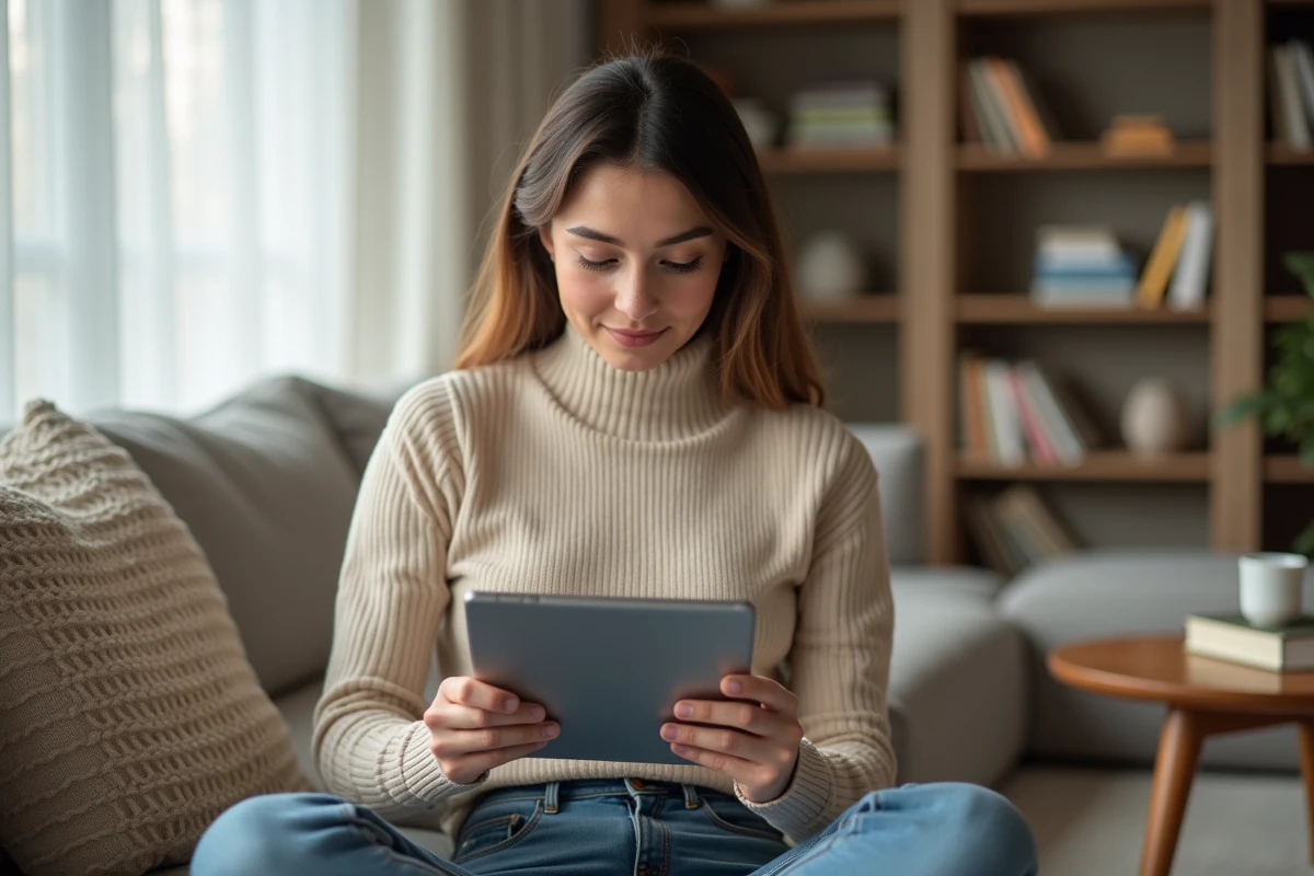 Jeune femme se connectant avec succès au portail e-habillement sur une tablette depuis son salon