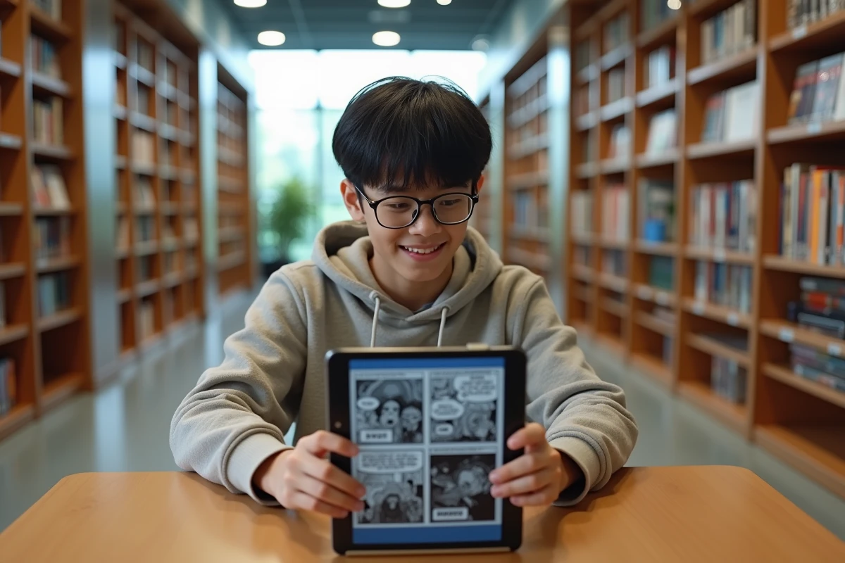 Adolescent lisant manga sur tablette dans une bibliothèque moderne