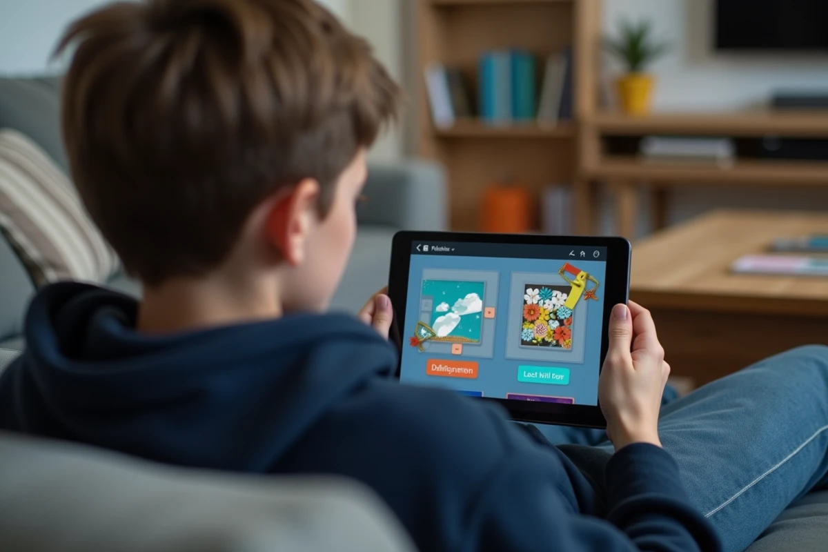 Adolescent résolvant une énigme de 4 lettres sur tablette dans un salon