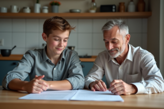 Jeune garçon avec son beau-pere lisant des papiers à la maison