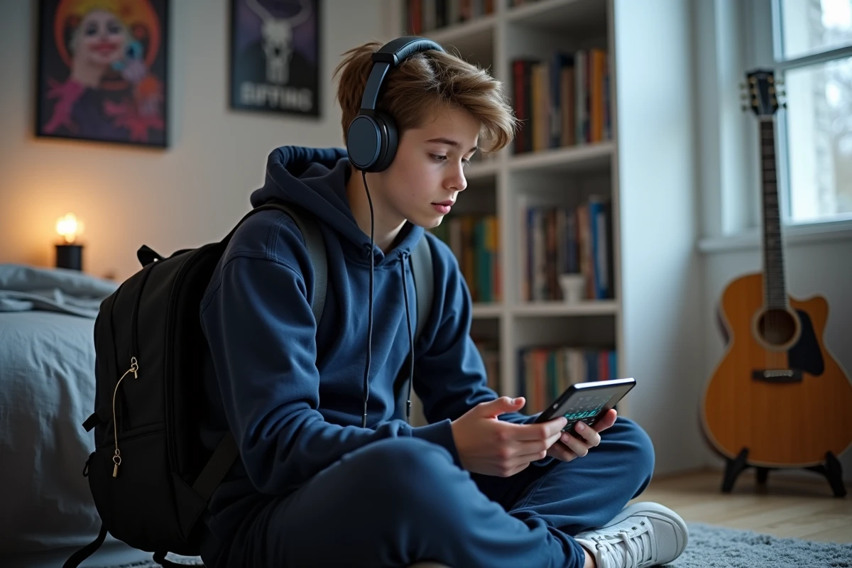 Adolescent musicien vérifiant le niveau sonore de ses écouteurs grâce à une application simulateur sur tablette dans sa chambre