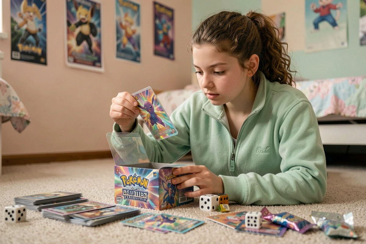 Adolescente ouvrant un coffret Elite Trainer Box Pokémon EV10.5 dans sa chambre avec des cartes holographiques