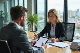 Femme et agent immobilier discutant d'un contrat dans un bureau moderne
