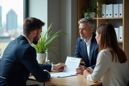 Agent immobilier en discussion avec un couple dans un bureau moderne