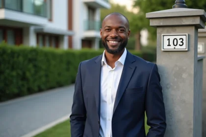 Agent immobilier mauricien souriant devant panneau de rue