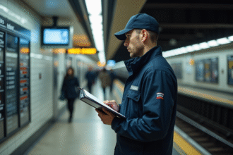 Agent de transport vérifiant son planning dans une station souterraine