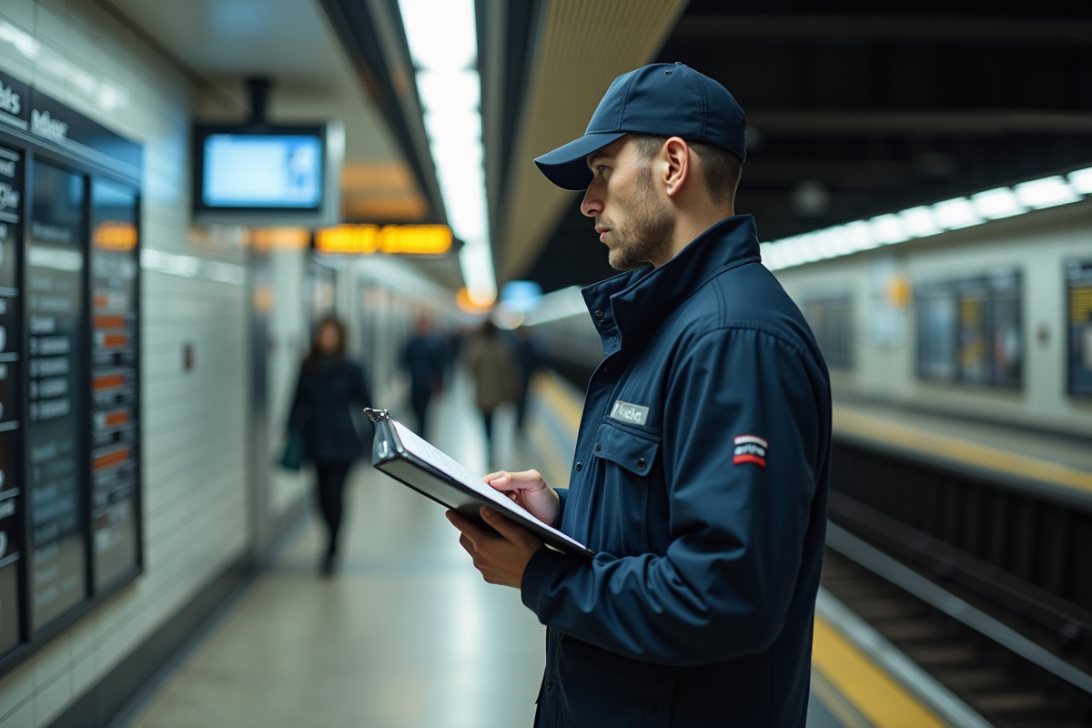Agent de transport vérifiant son planning dans une station souterraine