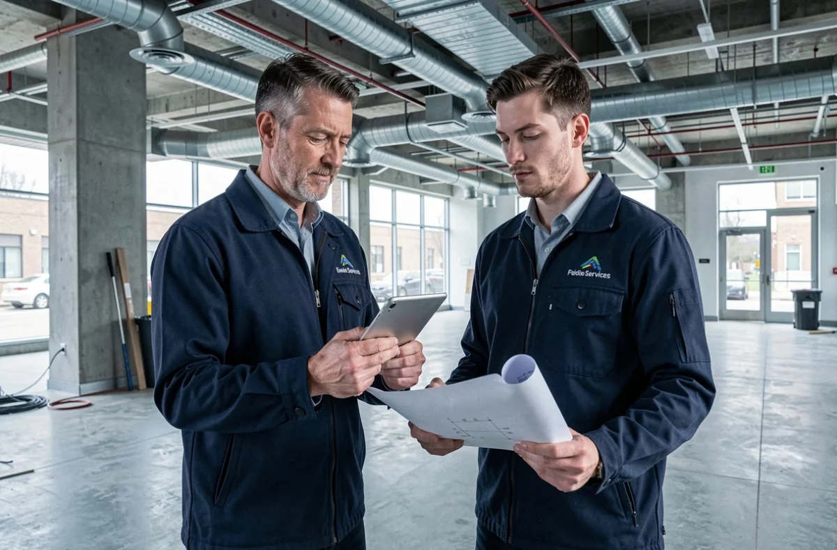 Technicien Altitudtertiaire consultant des plans techniques dans un chantier de bâtiment commercial à Saint-Étienne