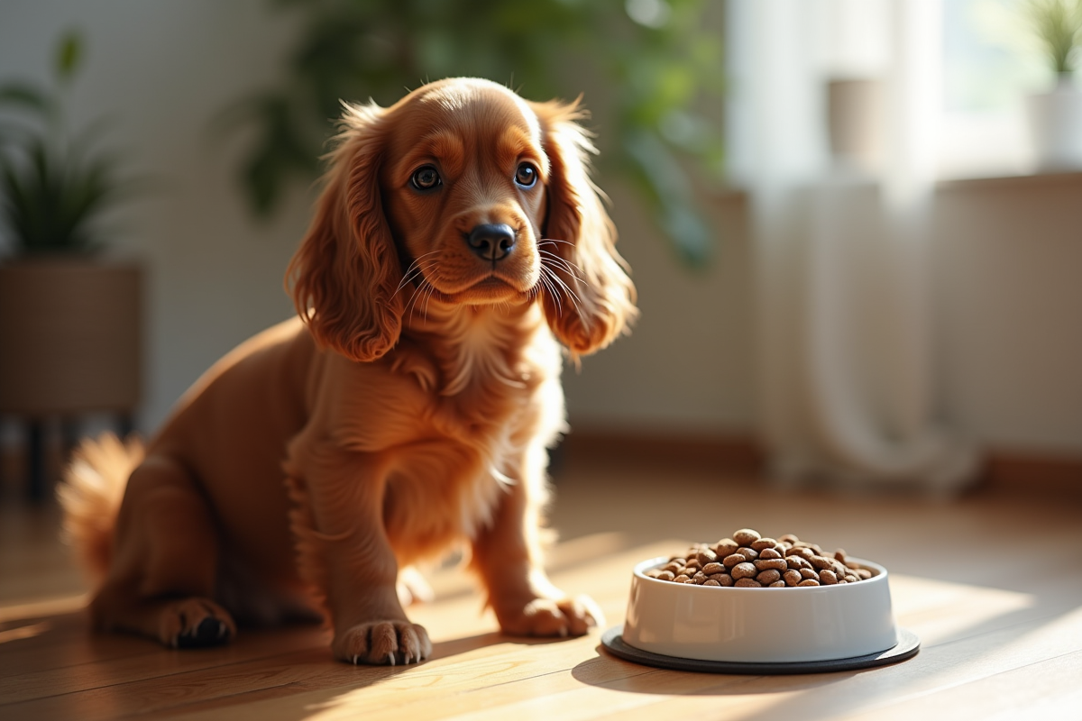 Cocker spaniel assis près d'un bol en céramique avec croquettes