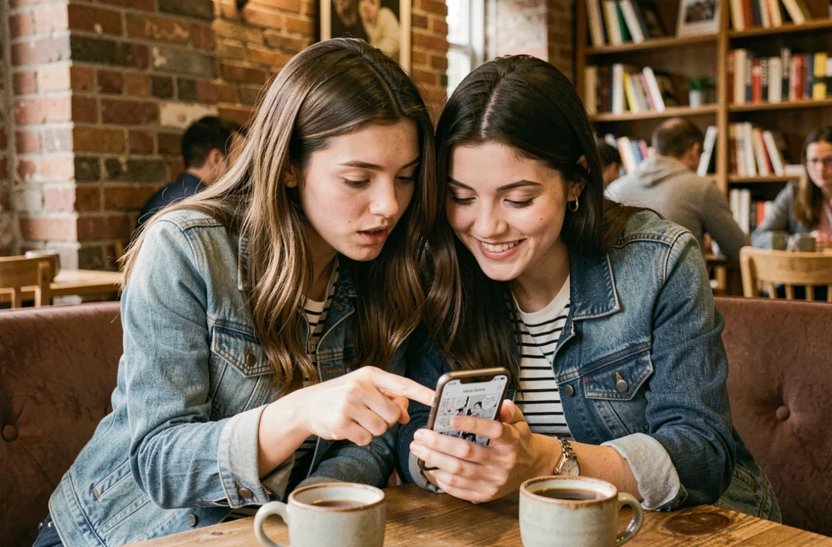 Deux amies découvrant ensemble des scans manga yaoi sur smartphone dans un café urbain