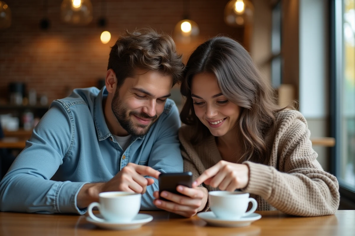 Deux amis collaborant pour trouver un mot de 4 lettres dans un jeu mobile en café
