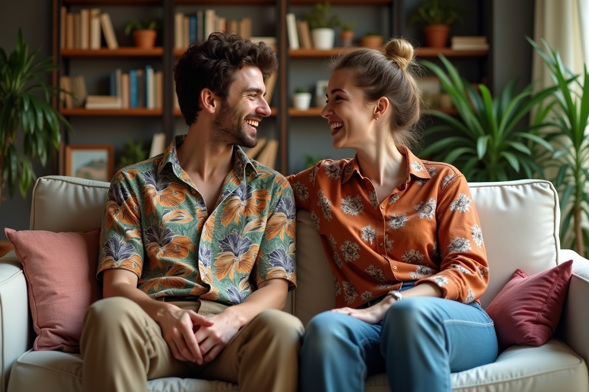 Deux amis en mode fluide dans un intérieur chaleureux