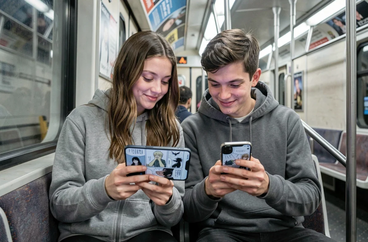 Deux amis qui lisent ensemble des scans manga sur un smartphone dans le métro