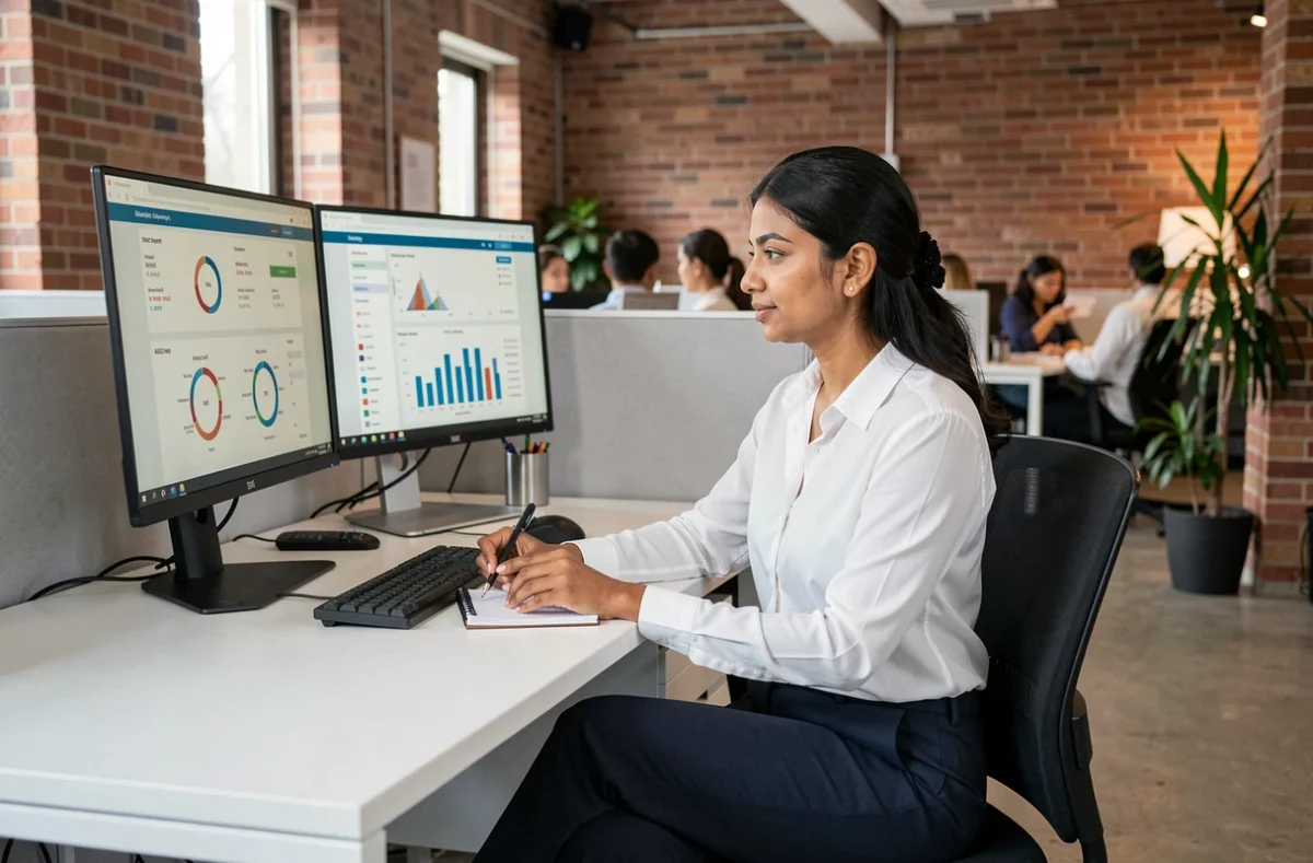 Analyste crédit féminine travaillant sur des tableaux de bord de scoring et métriques AUC dans un open space fintech