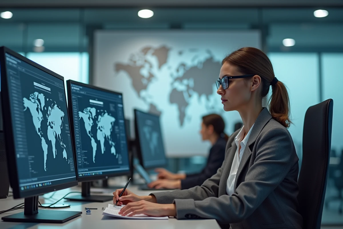 Analyste géopolitique féminine travaillant sur des écrans de veille stratégique et de renseignement en sources ouvertes dans un bureau moderne