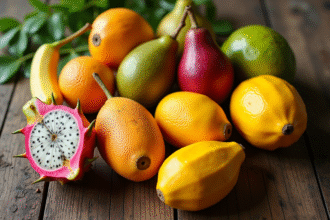 Assortiment de fruits exotiques colorés sur table en plein jour