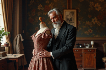 Homme âgé en costume 19e drapant une robe richement brodee