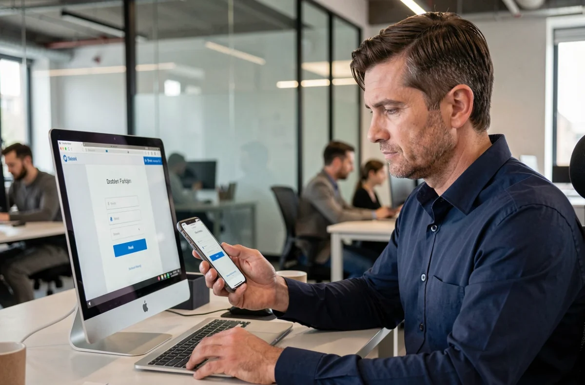 Homme authentifiant sa connexion avec un smartphone dans un bureau professionnel moderne
