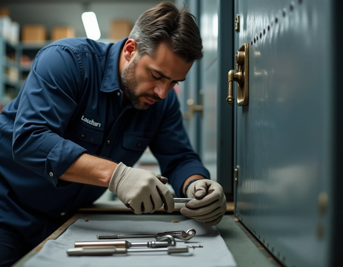 Technicien serrurier d'Aux 3 Clés SARL installant un cylindre de serrure haute sécurité dans un atelier professionnel