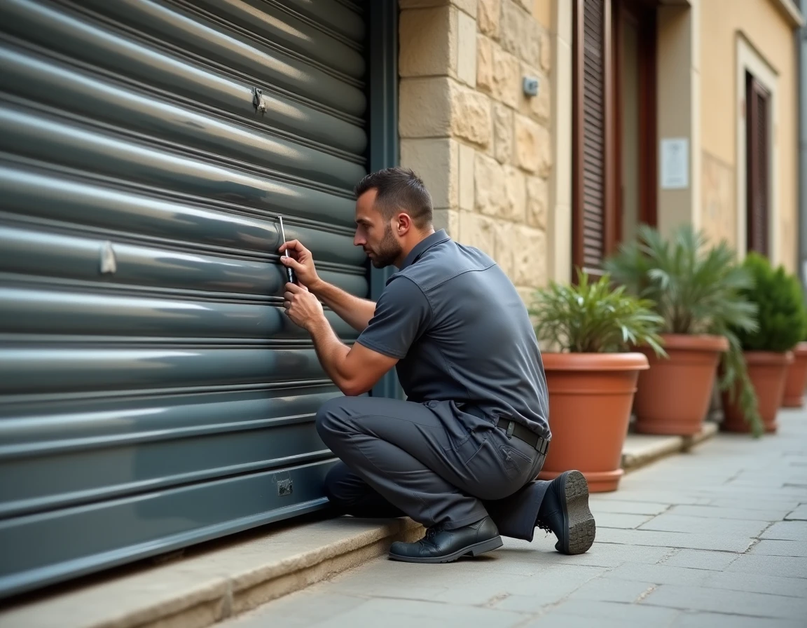 Technicien d'Avignon Serrurerie Stores réparant un volet roulant en aluminium sur la façade d'une boutique provençale
