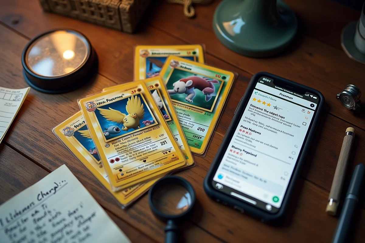 Vue aérienne d'un espace de collection Pokémon avec smartphone affichant les avis clients d'un site en ligne