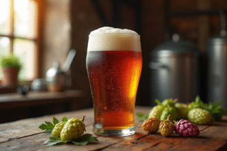 Verre de bière forte avec mousse débordante sur table en bois
