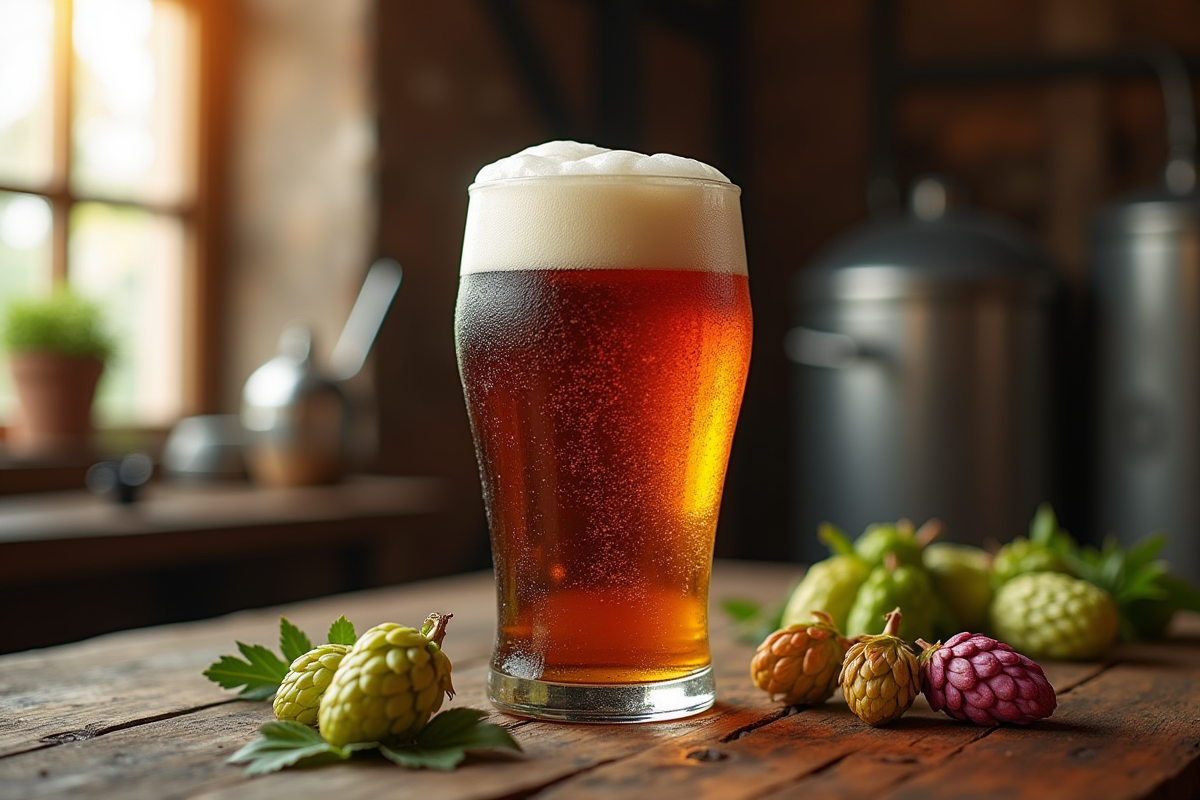 Verre de bière forte avec mousse débordante sur table en bois