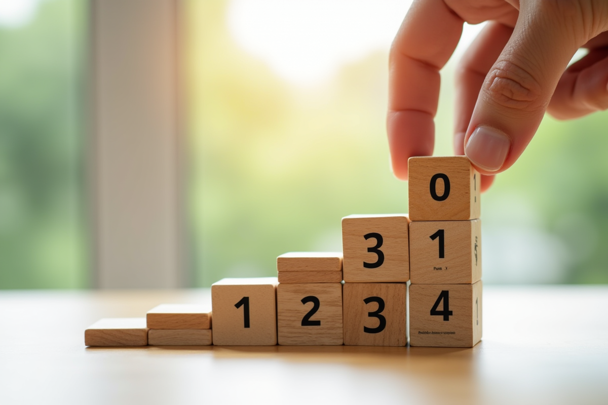 Mains plaçant un bloc numérote pour symboliser la croissance