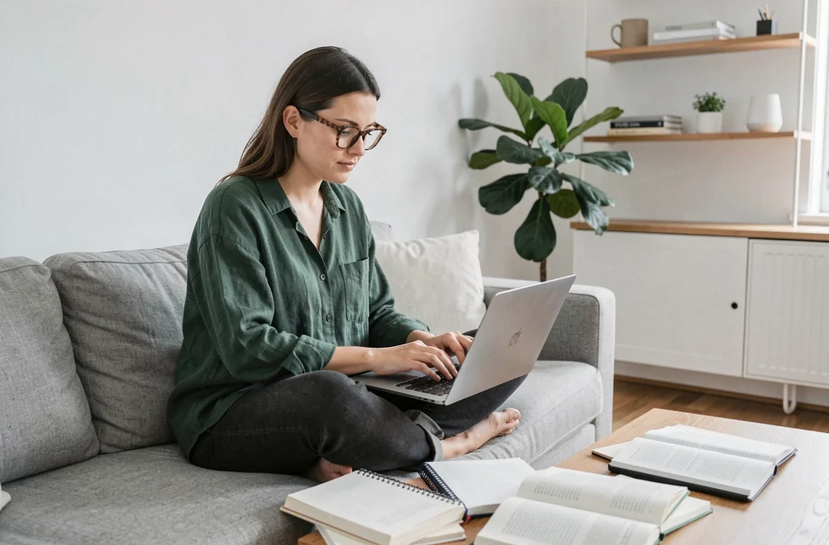 Blogueuse de L'échelle de Jacob travaillant sur son contenu depuis un bureau à domicile au style scandinave