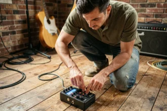 Musicien utilisant le Boss RC-30 Loop Station dans un studio de répétition avec guitare en arrière-plan