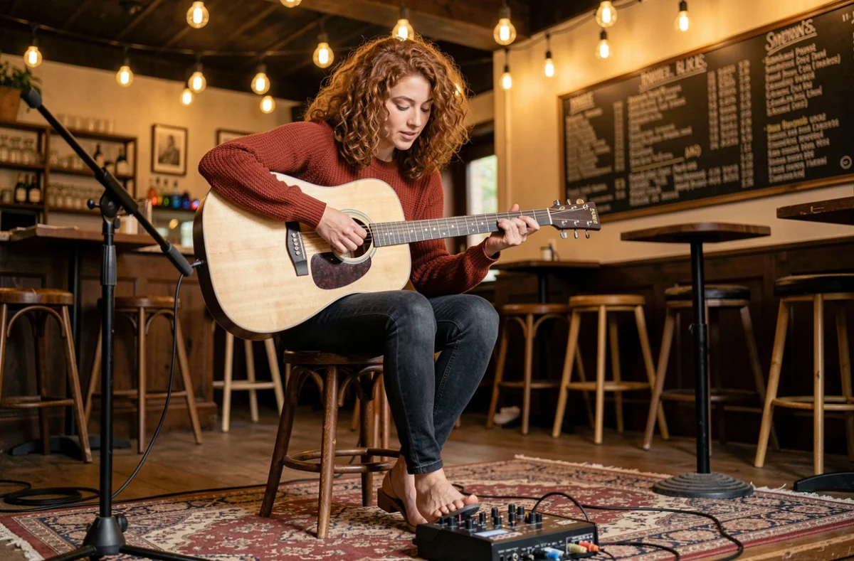Femme jouant de la guitare acoustique en live avec le Boss RC-30 Loop Station sur scène de café