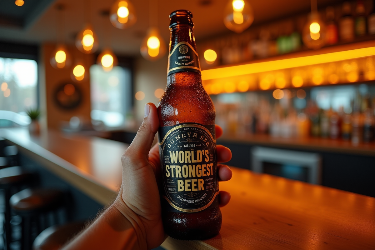 Main tenant une bouteille de bière forte en bar moderne