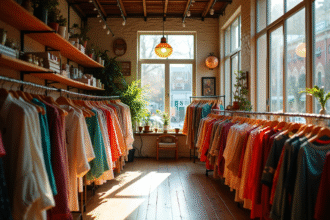 Intérieur d'une boutique vintage chaleureuse avec vêtements colorés