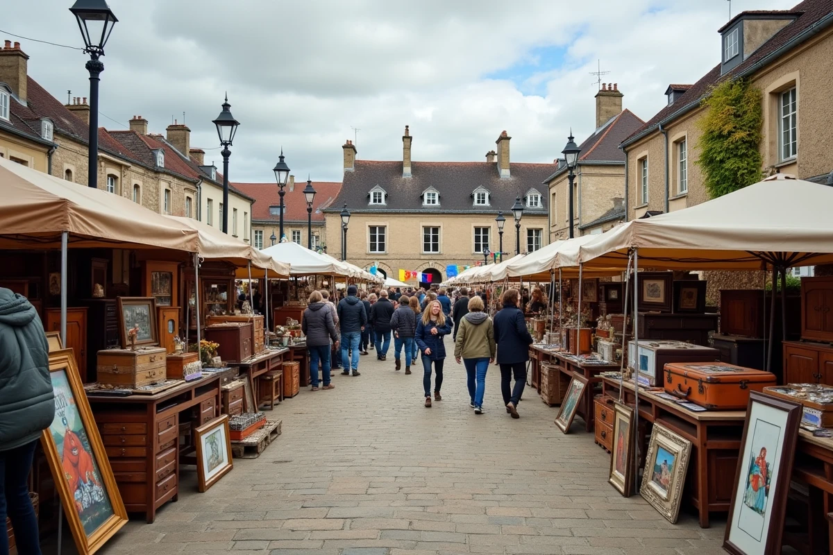 Vue panoramique d'une brocante animée sur une place de village en Meurthe-et-Moselle