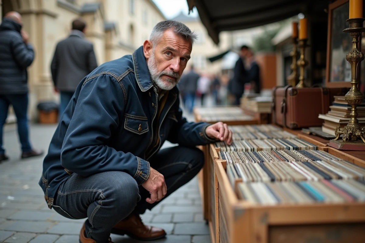 Homme fouillant des vinyles anciens dans une brocante de Meurthe-et-Moselle