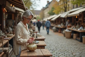 Femme examinant un vase ancien lors d'une brocante en plein air en Meurthe-et-Moselle