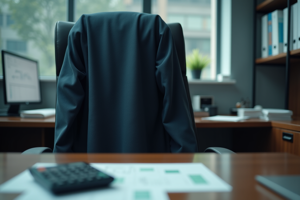 Chaise de bureau vide avec veste et fiche de paie sur le bureau
