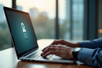 Espace de travail moderne avec un ordinateur portable lumineux