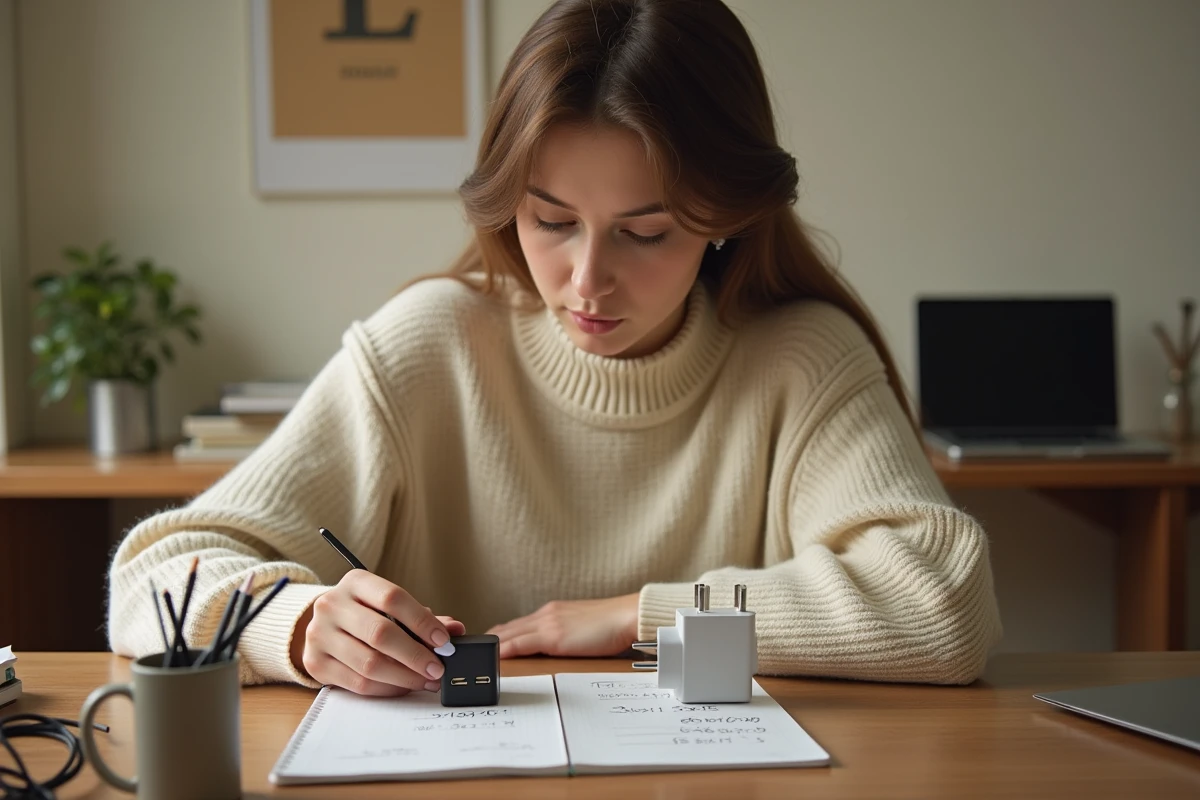 Jeune femme comparant des adaptateurs électriques et calculant des conversions ampères-watts dans un bureau à domicile