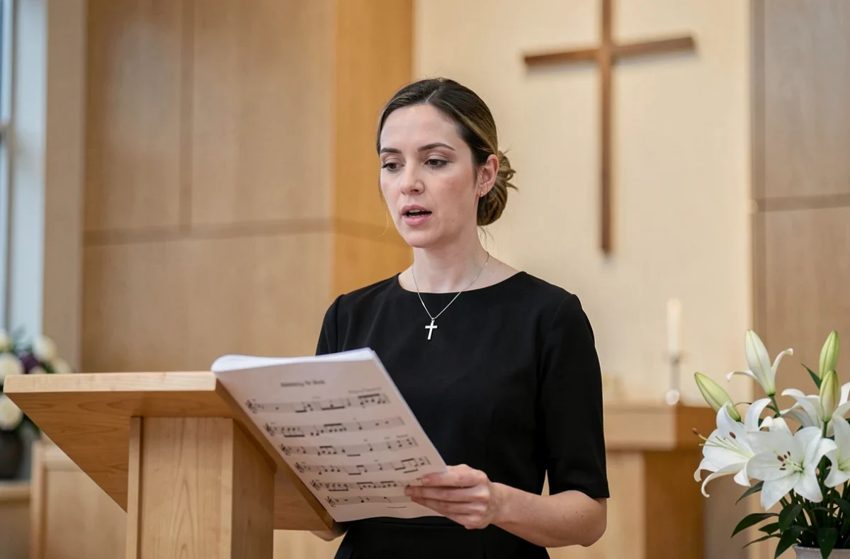Cantatrice en répétition devant un lutrin dans une église lors de la préparation musicale des funérailles