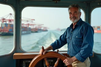 Capitaine de bateau cargo sur une grande rivière en action