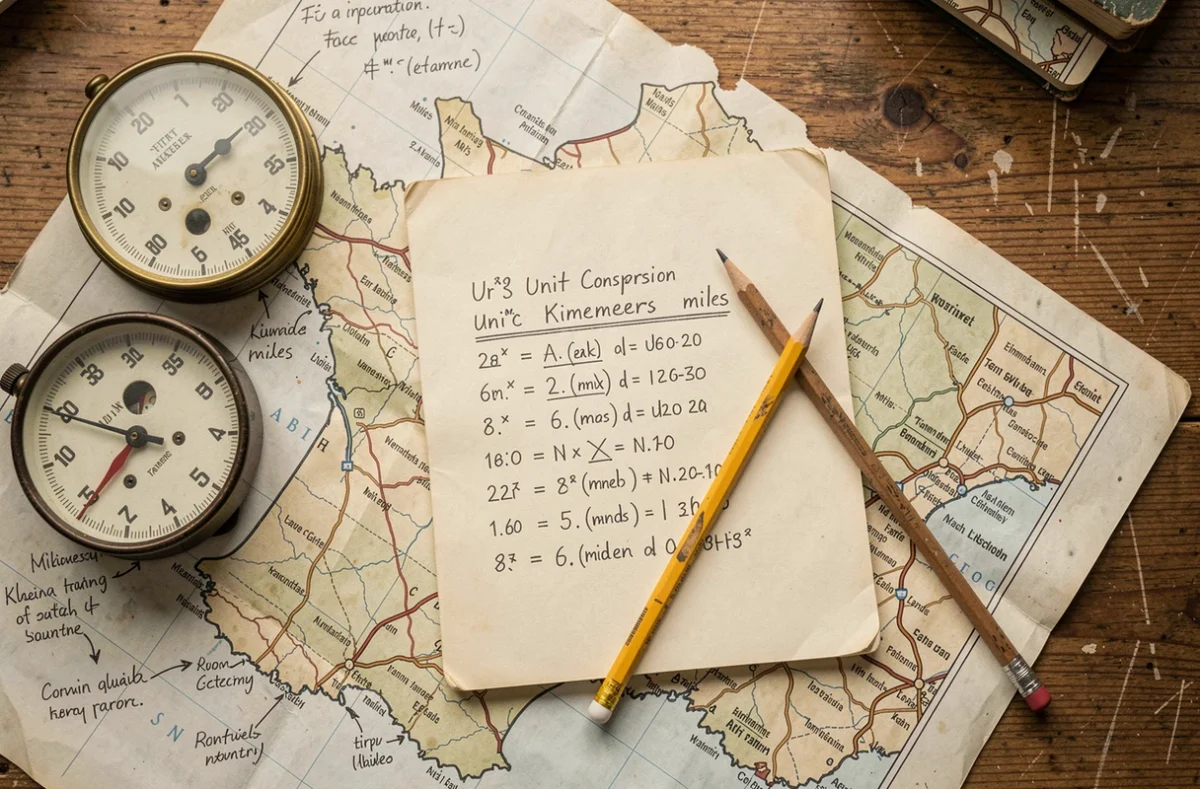 Vue à plat d'une carte routière de France, d'un carnet de conversions kilomètres-miles manuscrites et d'un odomètre vintage sur un bureau en bois