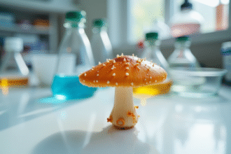 Champignon chanterelle orange sur table de laboratoire