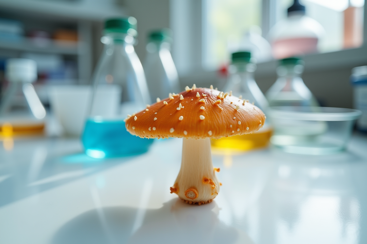 Champignon chanterelle orange sur table de laboratoire