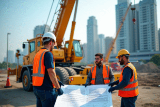 Chantier de construction avec grue et ouvriers en sécurité