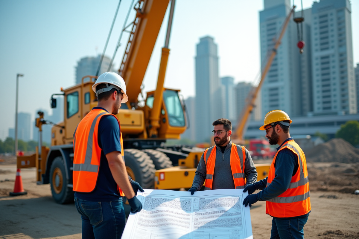Chantier de construction avec grue et ouvriers en sécurité