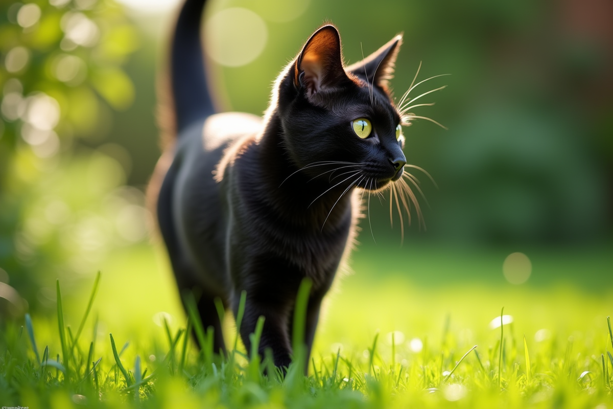 Chat bengal noir en extérieur dans un jardin vert en marche