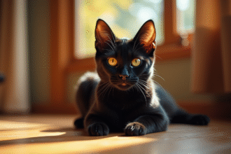 Chat bengal noir assis sur un sol en bois en plein soleil