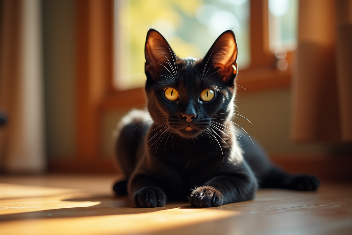 Chat bengal noir assis sur un sol en bois en plein soleil