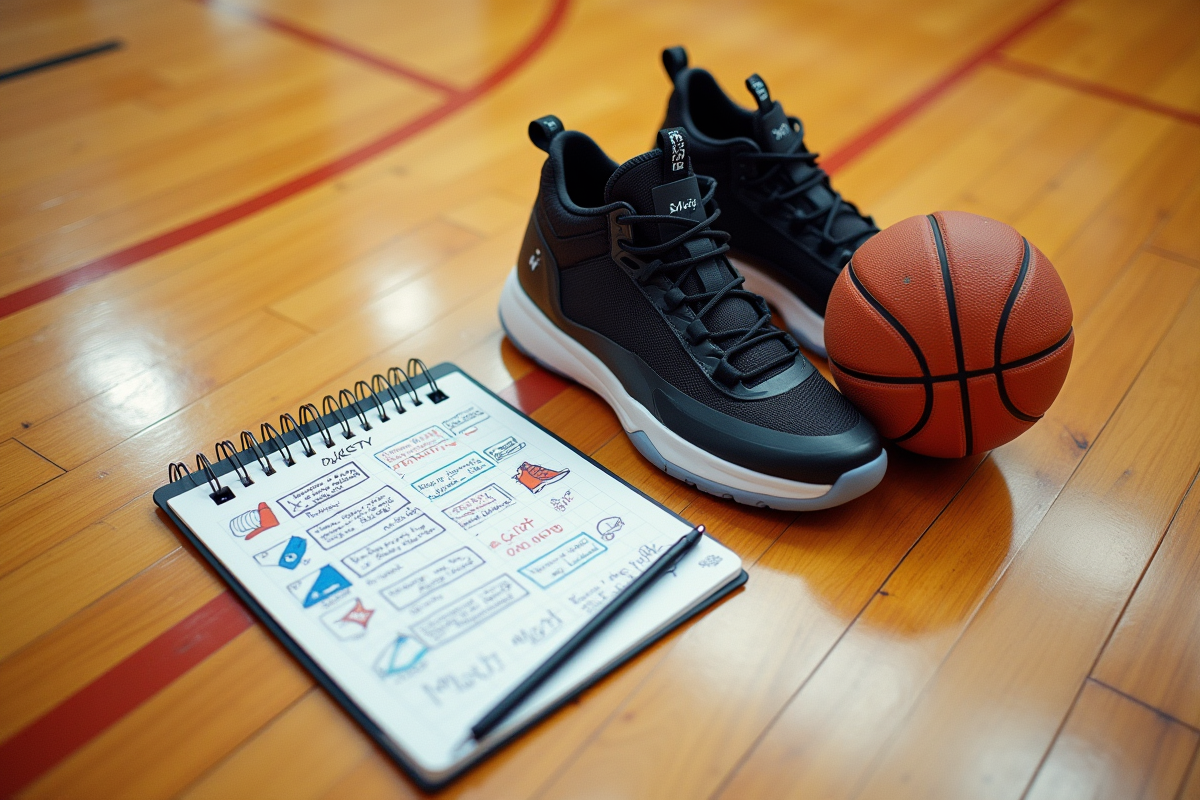 Chaussures de basketball balles et notes de strategie sur le sol